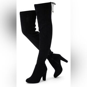 Vepose Black Suede Over-the-Knee Chunky Heels Women's Boots